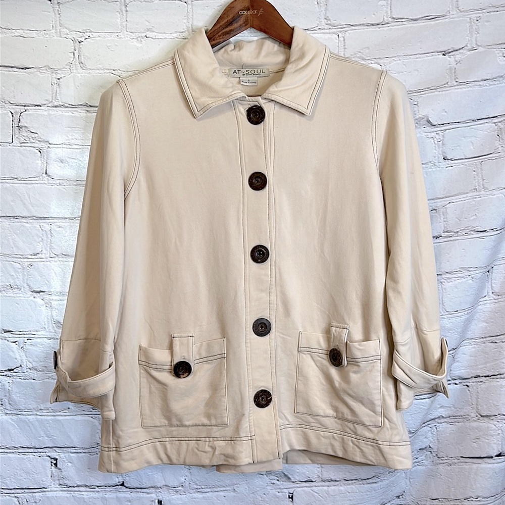 At Soul By Ann Trinity Khaki Large Brown Button Front Pocket Jacket Size Small